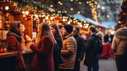 A group of people standing at a Christmas market and drinking wine, Christmas party