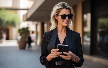 Businesswoman wearing sunglasses holding a mobile phone. Business vibe - obrazy, fototapety, plakaty