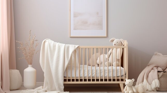 A Baby White Muslin Blanket Mockup Delicately Hanging Over A Baby Crib, The Essence Of Comfort And Tenderness In A Nursery Setting.