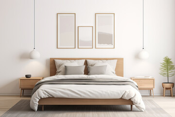 Minimal light bedroom interior wooden bed, modern posters and potted plant
