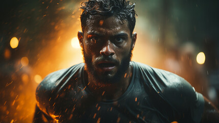 Portrait of a man running on the street in the rain