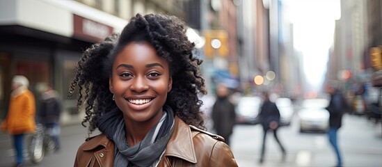 In the bustling city streets, a young African woman with long, beautiful black hair proudly sports a sticker on her jacket, showing off her business portrait with a tag that reads "happy entrepreneur