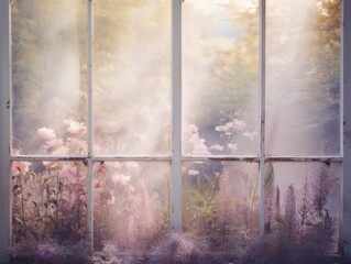 subtle flower garden behind a window. AI Generative