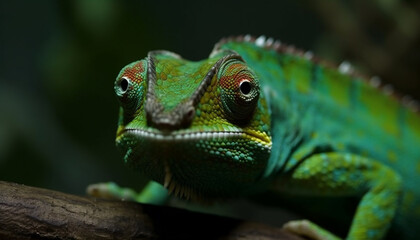 Obraz premium Green lizard on branch, close up of multi colored gecko eye generated by AI