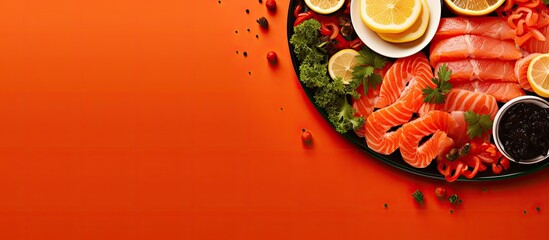 On an overhead view, a red plate displayed an array of delicious seafood appetizers such as salmon, caviar, and finger snacks, with a hint of lemon adding a tangy twist to the salty fish. - obrazy, fototapety, plakaty