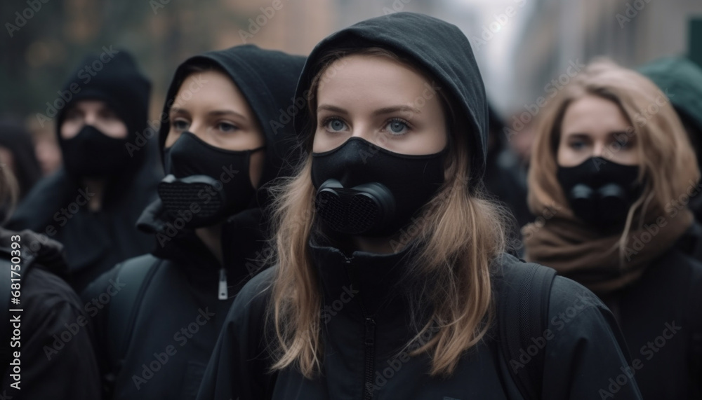 Sticker Young adults in workwear and masks protect city from danger generated by AI