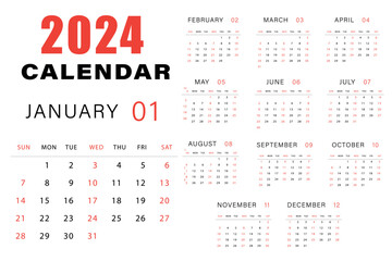 Fototapeta na wymiar Calendar 2024 week start Sunday. Corporate design planner template vector. Calendar planner 2024