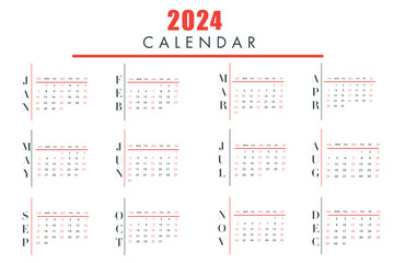 Calendar 2024 week start Sunday. Corporate design planner template vector. Calendar planner 2024