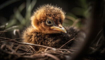 Fototapeta premium Fluffy yellow hatchling peeks from bird nest in rural scene generated by AI