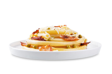 Bacon cheese green pea pasta in a plate on a white isolated background