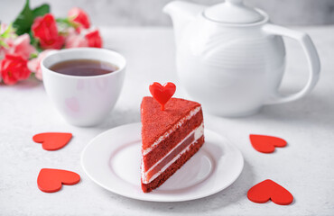 Red Velvet cake slice in a plate for Valentine's day holiday