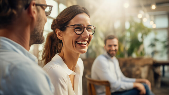 Businesswoman engaged in a meeting with smiles and a sense of collaboration against office background