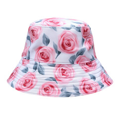 Roses Flowers, Florals, Fashion Bucket Hat in pink, white and green, isolated on white transparent background PNG