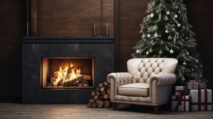 Naklejka premium a beautiful leather chair adorned with a white velveteen blanket. In the background, showcase a cozy fireplace with stockings and a glimpse of a decorated Christmas tree.