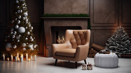 a beautiful leather chair adorned with a white velveteen blanket. In the background, showcase a cozy fireplace with stockings and a glimpse of a decorated Christmas tree.