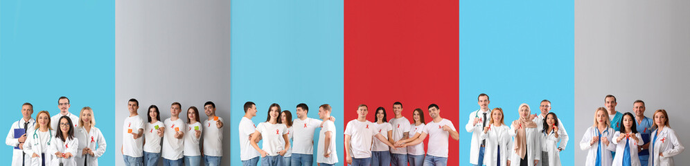 Set of many people with red ribbons and condoms on color background. Banner for World AIDS Day