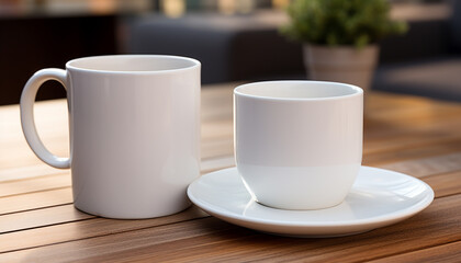 Fototapeta premium Empty coffee cup on wooden table, reflecting modern elegance generated by AI