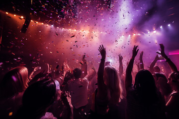 New Year party club, crowd at concert, new year's eve confetti