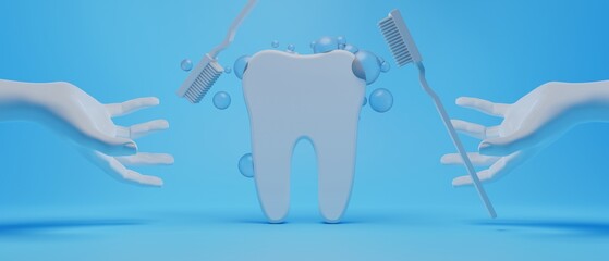 3d object illustration for dentist tooth with tools of medical health care for dental clinic hospital bussiness