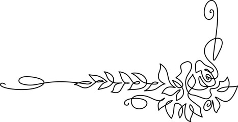 Frame garland of garden rose with leaves. Continuous one line drawing.