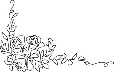 Frame garland of garden rose with leaves. Continuous one line drawing.