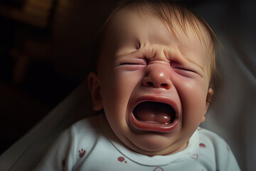 portrait of crying newborn baby. emotions of discontent. colic - obrazy, fototapety, plakaty