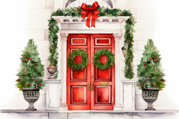 Fototapeta na wymiar Red door with a green Christmas wreath watercolor style on a white background