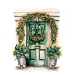 Door with a green Christmas wreath watercolor style on a white background