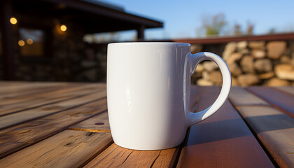 Wooden coffee cup on rustic table in outdoor sunlight generated by AI