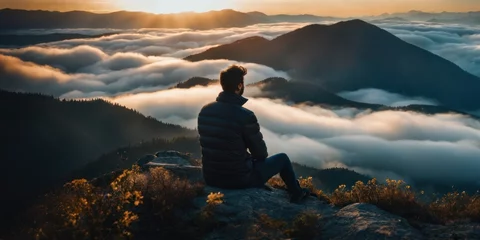 Zelfklevend Fotobehang Man sitting in nirvana on top of cliff relaxing mountains and clouds aerial view Love and Travel happy emotions Lifestyle concept. Male Traveling active adventure vacations © useful pictures
