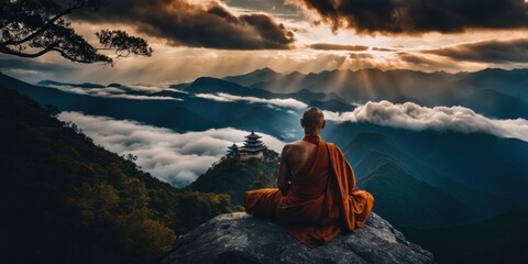 Buddhist monk master is meditating at the top of the cliff at dusk for the new year. Buddhist monk sitting in nirvana on top of mountain above clouds early morning - obrazy, fototapety, plakaty