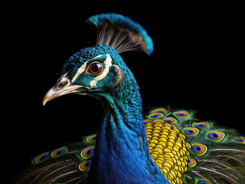 Peacock Studio Shot Isolated on Clear Black Background, Generative AI