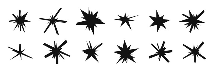 Trendy irregular black stars set. Hand drawn geometric scribble shapes, doodle starburst, modern retro grunge punk sticker design. Modern flat vector illustration - obrazy, fototapety, plakaty