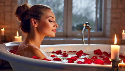 Kobieta biorąca kąpiel z płatkami róż. Wanna otoczona płonącymi świecami. Motyw relaksu i domowego spa - obrazy, fototapety, plakaty
