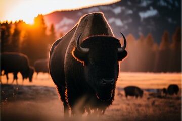 a bison standing in a field with a sunset behind them - obrazy, fototapety, plakaty