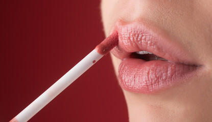 Naklejka premium Lipstick. Make-up for lips. Lipstick and pomade. Close up red lips. Pink lipstick. Pomade. Applying lipstick.
