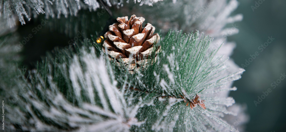 Sticker decoration on snowy Christmas tree