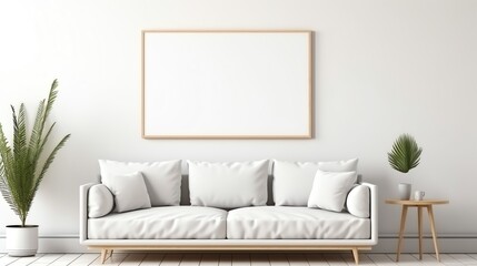 a white couch with a frame on the wall