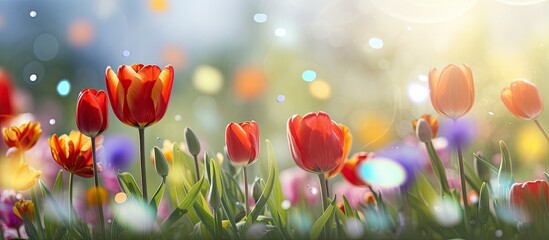 In the blooming garden, a beautiful natural spectacle unfolds as colorful petals of red and green come to life, bringing bursts of bright color to the vibrant spring landscape.