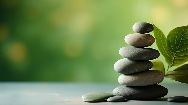 Zen stones stacked on green background in wellbeing and prosperity concept