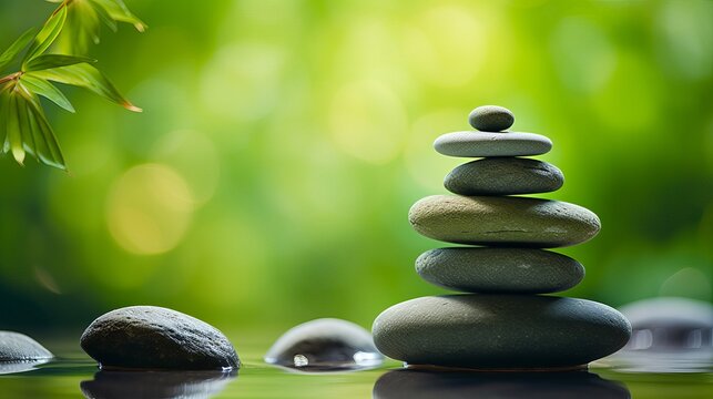 Zen Stones Stacked On Green Background In Wellbeing And Prosperity Concept