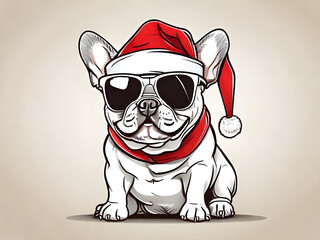 French bulldog wearing sunglasses and Christmas hat. 