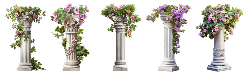Collection of columns with plants on them on a white or transparent background generative ai - obrazy, fototapety, plakaty