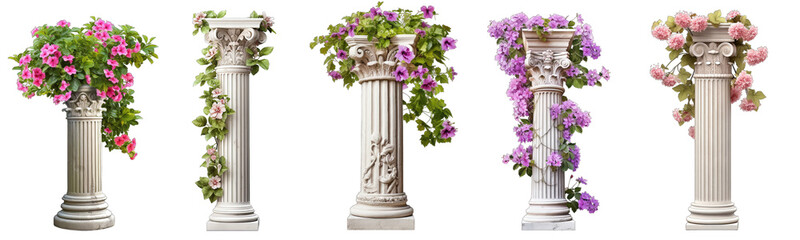 Naklejka premium Collection of columns with plants on them on a white or transparent background generative ai