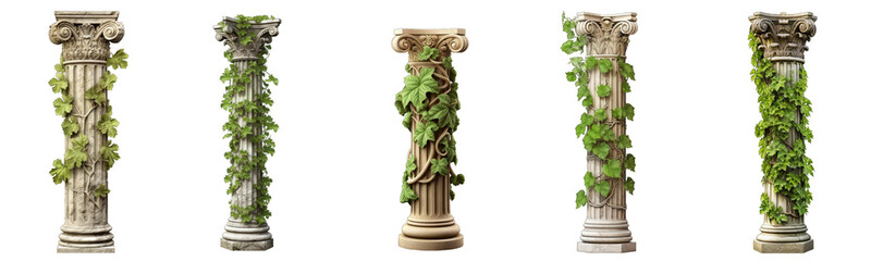 Collection of columns with plants on them on a white or transparent background generative ai