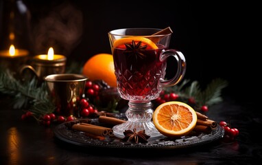 Still life with mulled wine, oranges and cinnamon. Seasonal warm drink