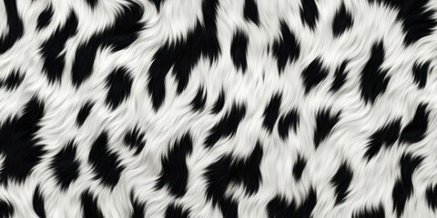 Realistic black and white long pile animal print rug or fur coat fashion background texture