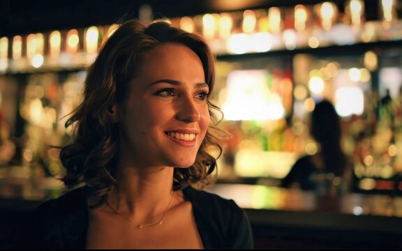 Closeup A Young Woman Focus Enjoying Herself In A Bar