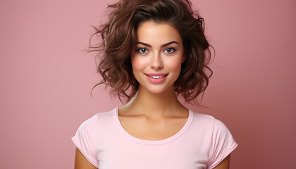 Obraz premium Beautiful young woman with curly brown hair smiling at camera generated by AI