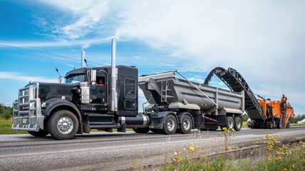 Black semi trailer with a orange planer working on a road construction site, with small flowers in...